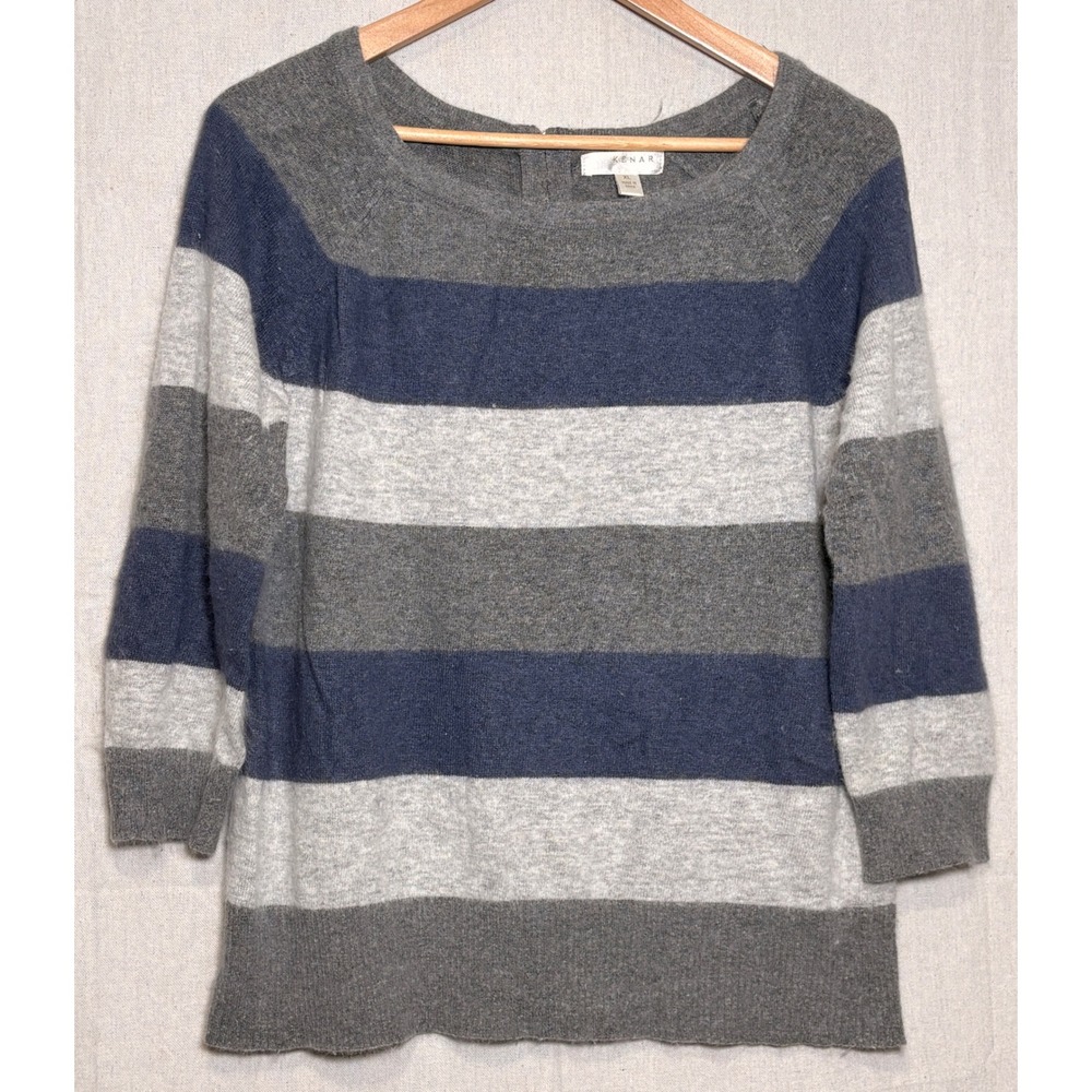 Kenar Angora Blend Striped Sweater Womens XL Grey Navy Blue 3/4 Sleeve Back Zip